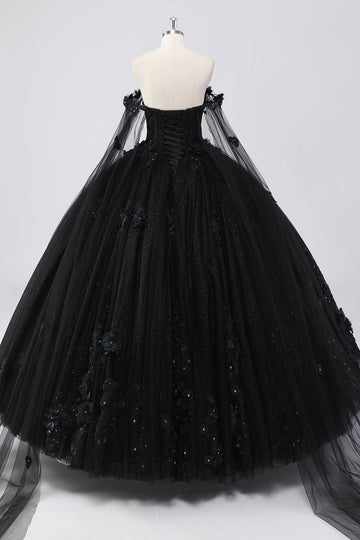 Svart ballkjole fra skulderen tyll Quinceanera kjole med 3D-blomster